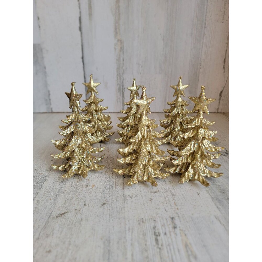 Gold pine tree figure glitter Xmas‎ village forest set unique home decor